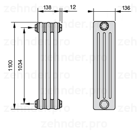 Схема (чертеж) Радиатор Zehnder Charleston 4110/3 №1270 Белый глянцевый RAL 9016